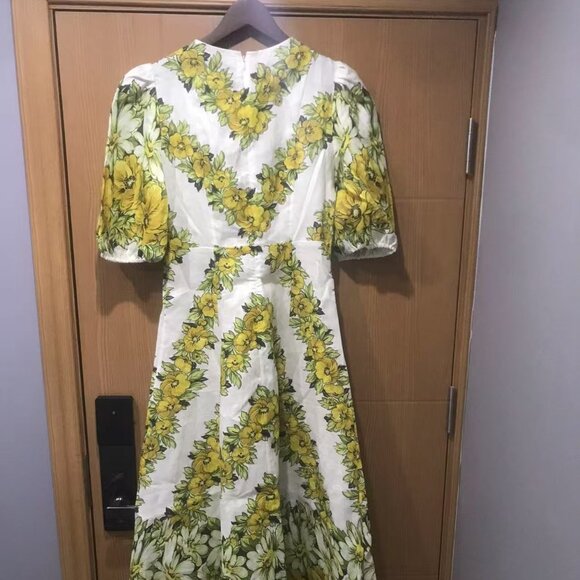 Alemais Yellow Gisela Balloon-Sleeve Floral Linen A-Line Midi Dress - Picture 4 of 12